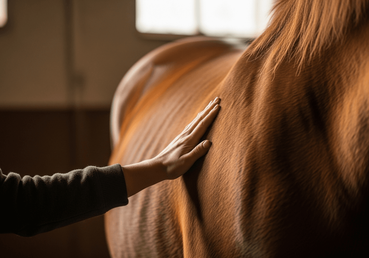 Hand prüft Temperatur an Pferdeflanke